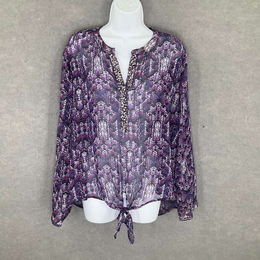 Chico's Blouse Sz 3 (US XL)‎ Purple Sheer Embellished Tie Front Lightweight Boho
